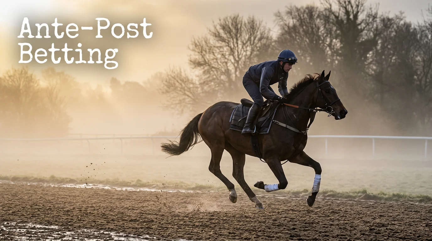 Horse in training on a misty gallop representing early ante-post betting markets