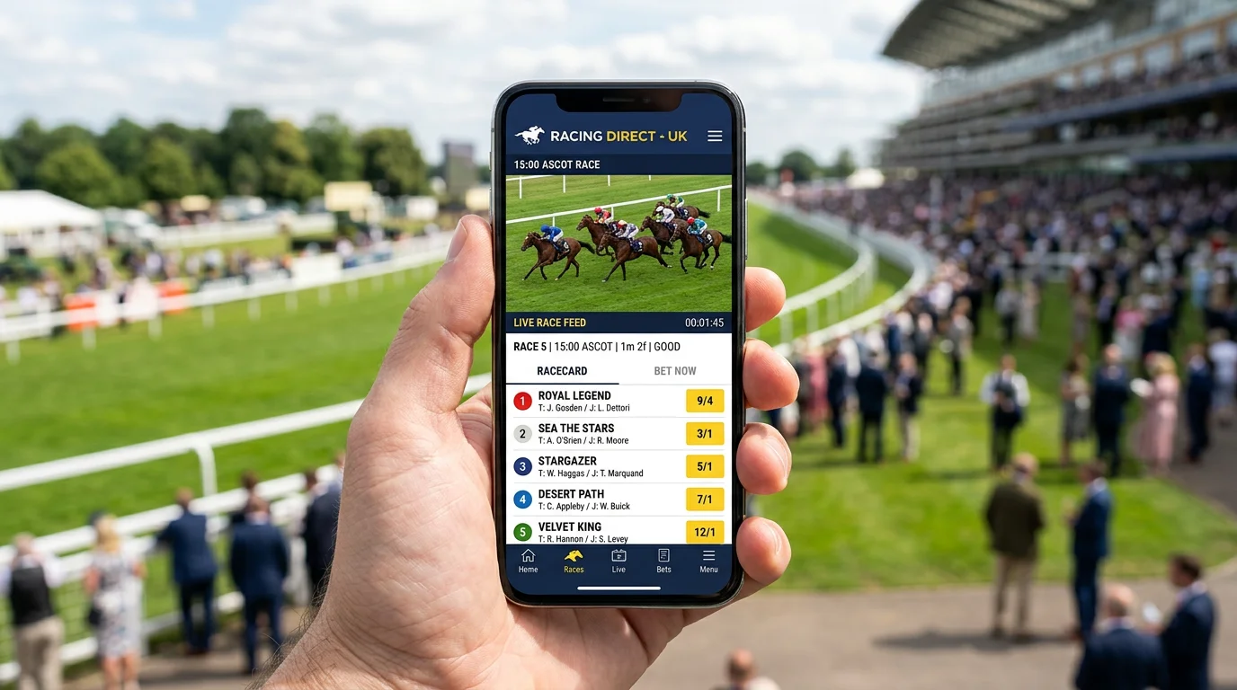 Smartphone showing a horse racing betting app with live race and racecard