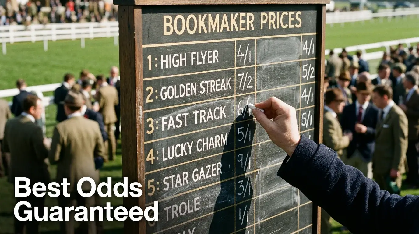 Best odds guaranteed horse racing — close-up of a price board at a UK racecourse