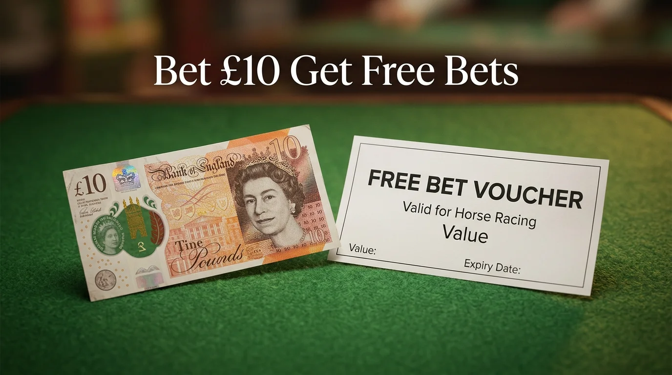 A ten pound note next to a free bet token at a horse racing event