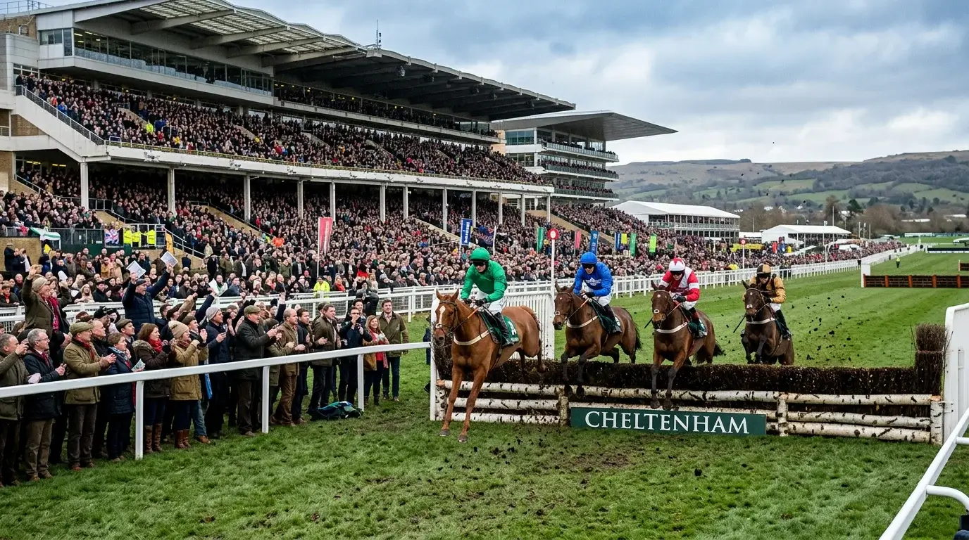 Packed grandstands at Cheltenham Festival with horses jumping a fence during a National Hunt race