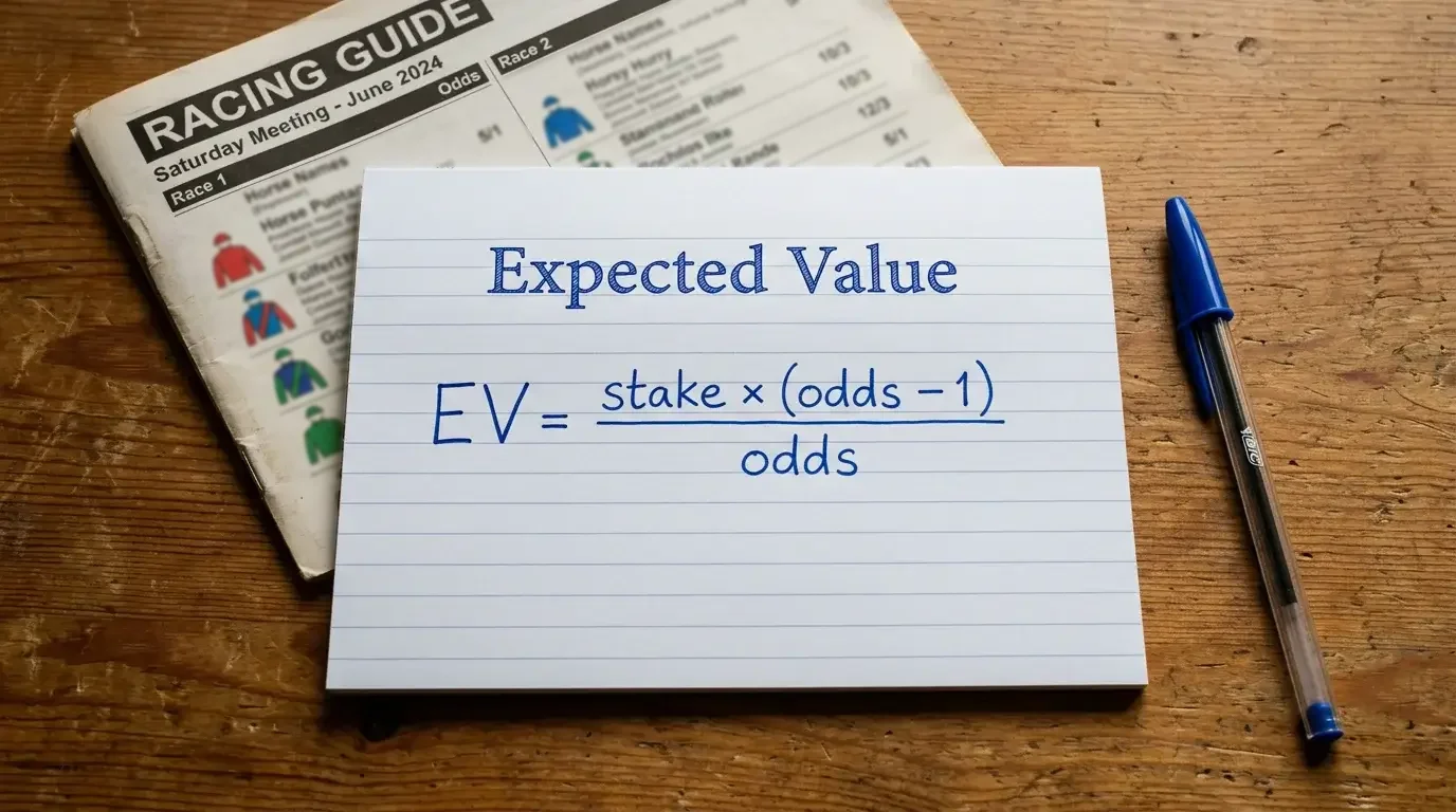 Notepad with handwritten expected value formula next to a horse racing programme