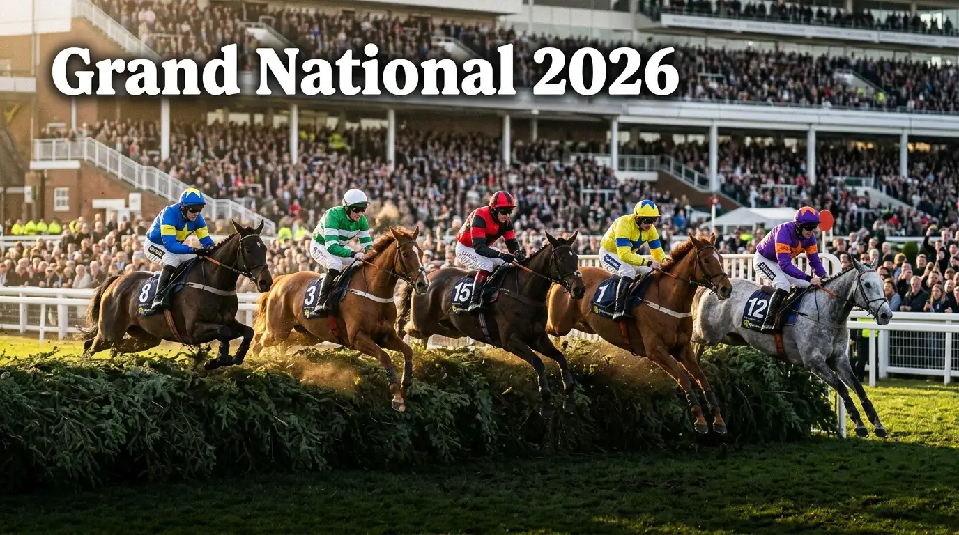 Grand National 2026 horse race at Aintree with jockeys jumping a big fence