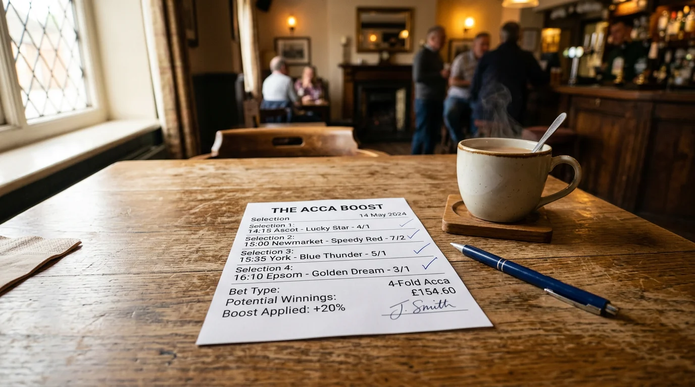Multiple horse races shown on a betting slip representing an accumulator bet