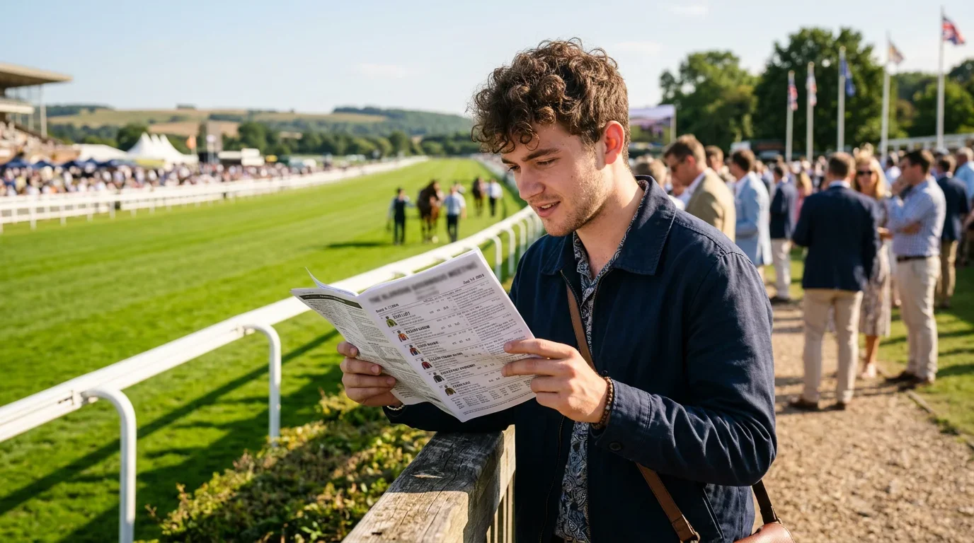 New racegoer studying a racecard at a British racecourse on a sunny day