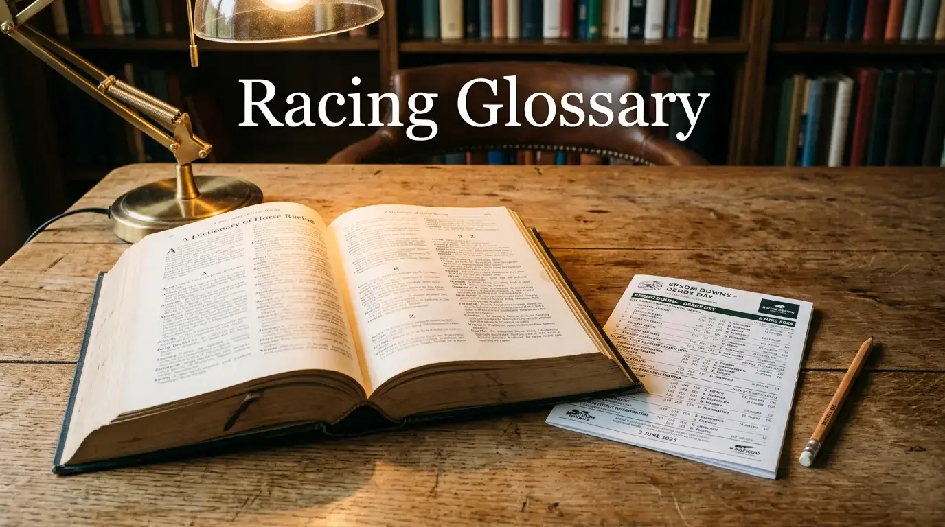 Open reference book on horse racing terminology beside a racecard