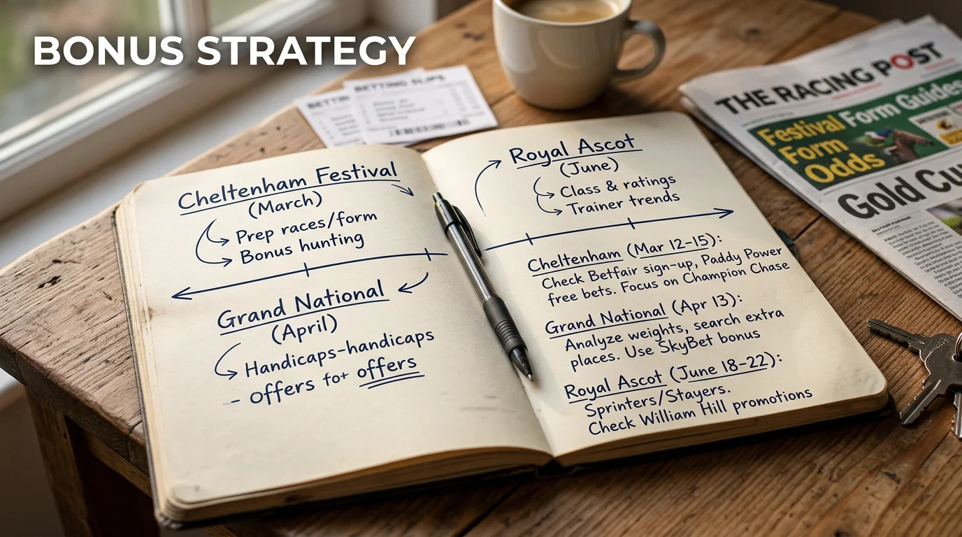 Planner notebook with horse racing festival dates marked for strategic bonus timing