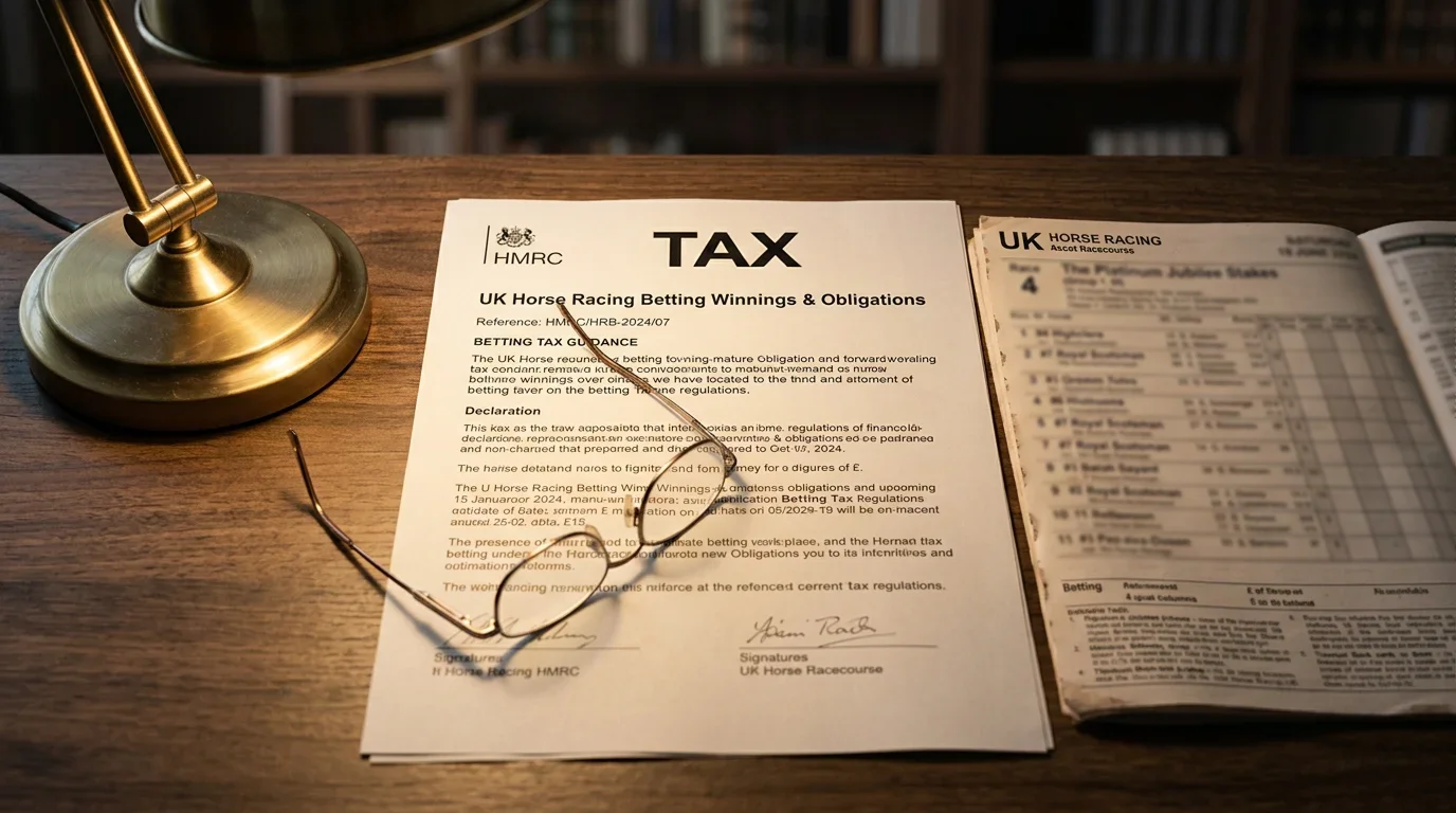 Official tax document next to a horse racing racecard on a desk