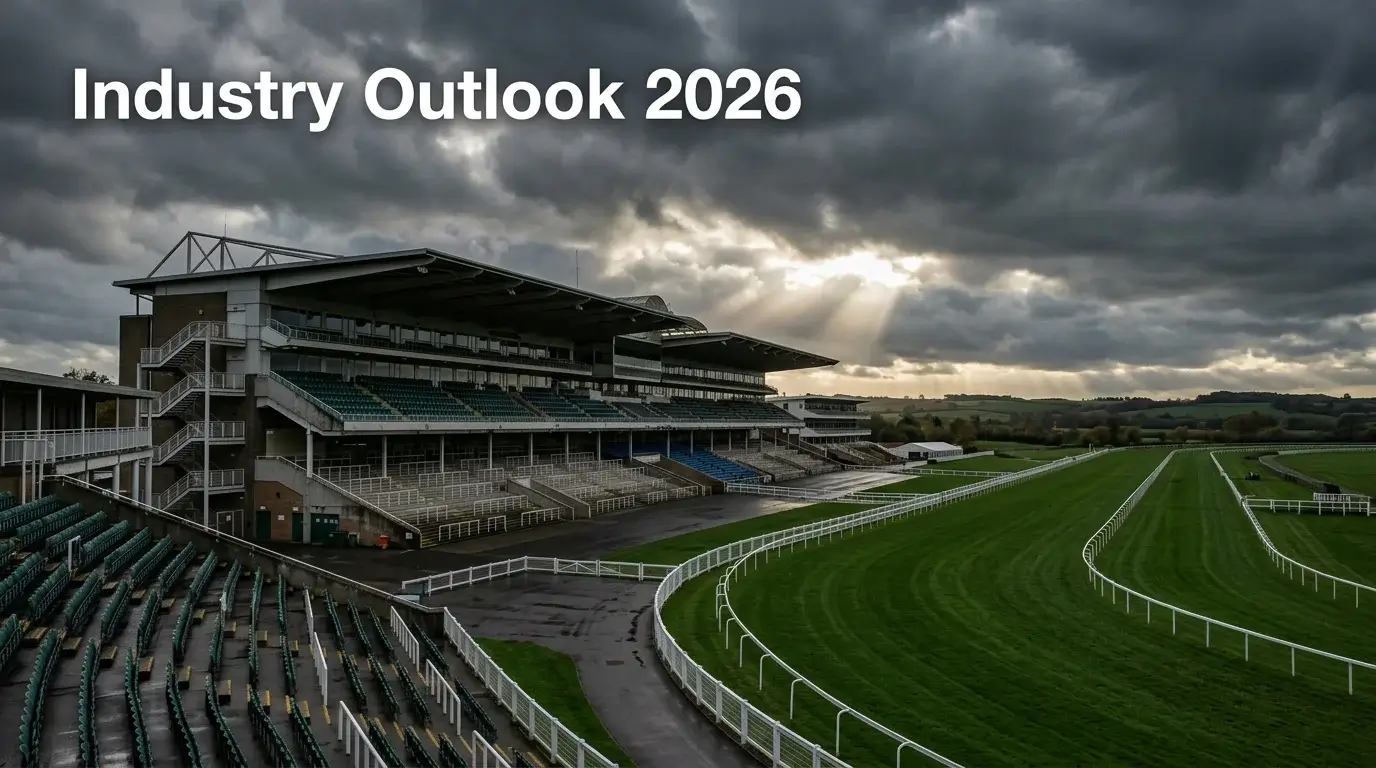 Empty racecourse grandstand with dramatic sky symbolising industry challenges