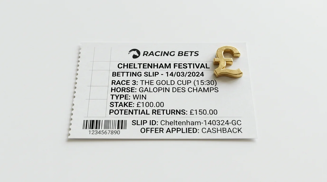 Symbolic £ sign on a betting slip representing cashback on a horse racing wager