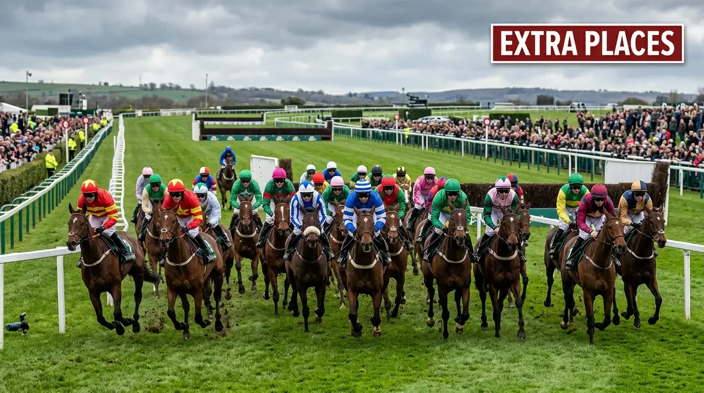 Large field of horses racing in a handicap with many runners at a UK racecourse