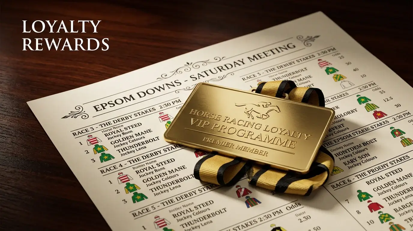 Gold VIP badge next to a horse racing racecard symbolising loyalty rewards