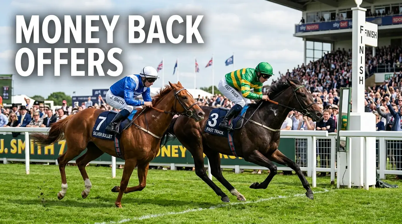 Horse finishing second in a race illustrating money back if second place offer