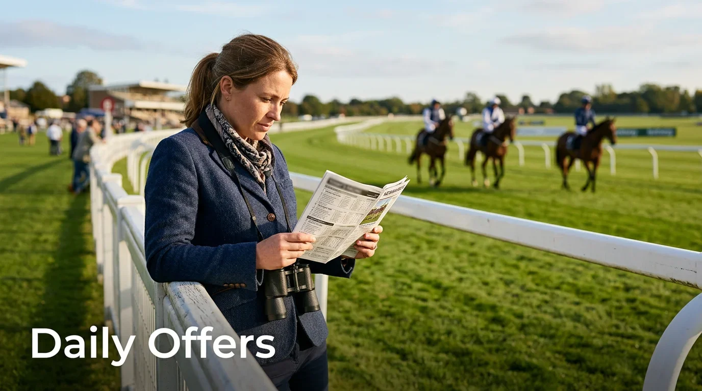 Horse racing ongoing promotions — racegoer studying a racecard beside the track on a sunny afternoon