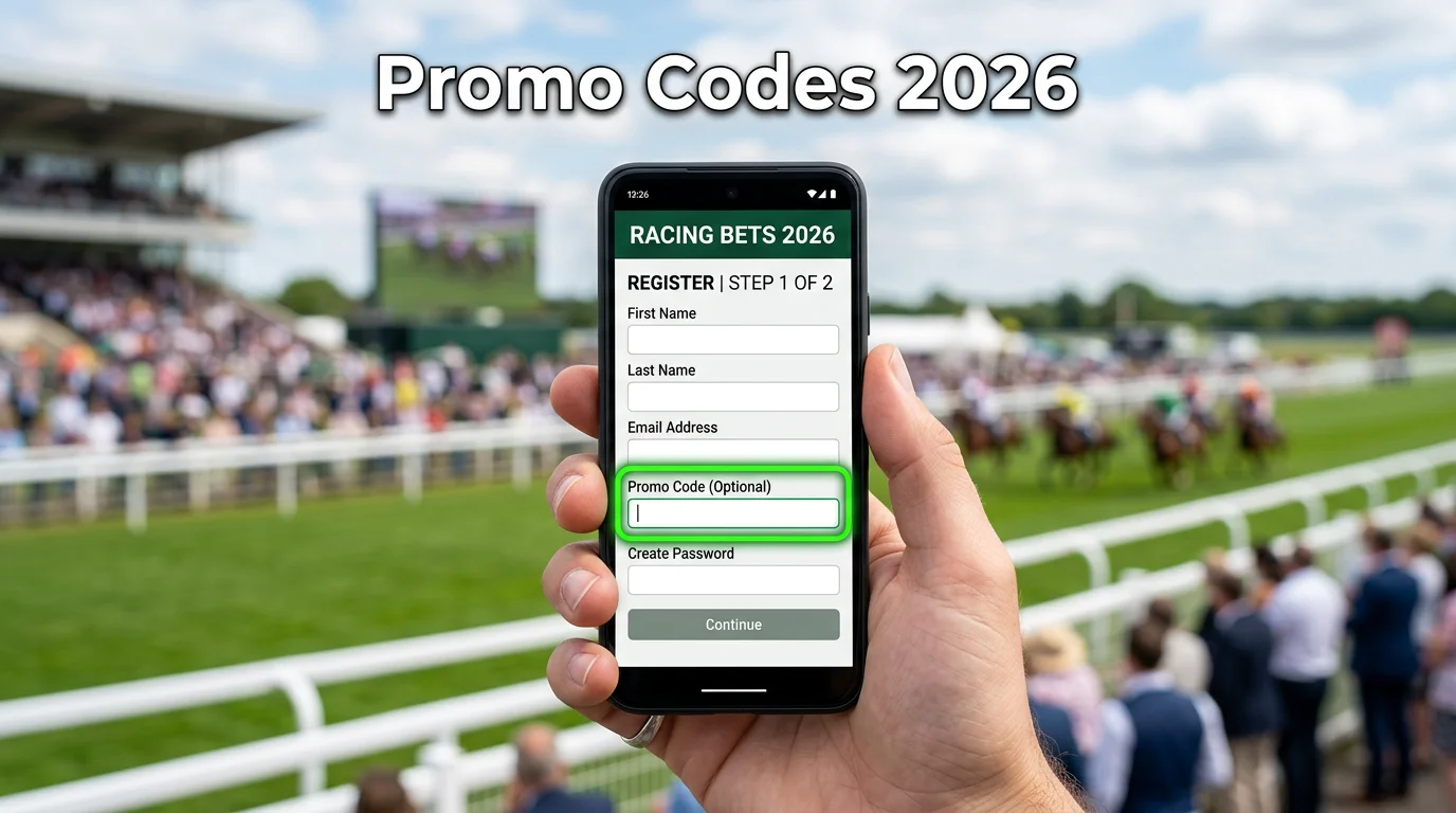 Smartphone registration screen with an empty promo code field at a racecourse
