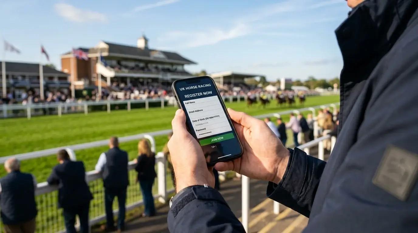 Person registering a new bookmaker account on a smartphone at a horse racing event