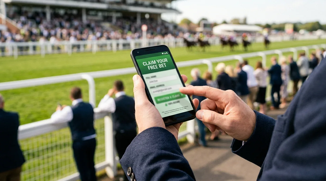 Person registering a new betting account on a smartphone at a horse racing event