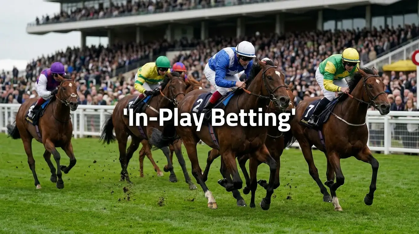 Horses racing mid-event with a live odds overlay suggesting in-play betting