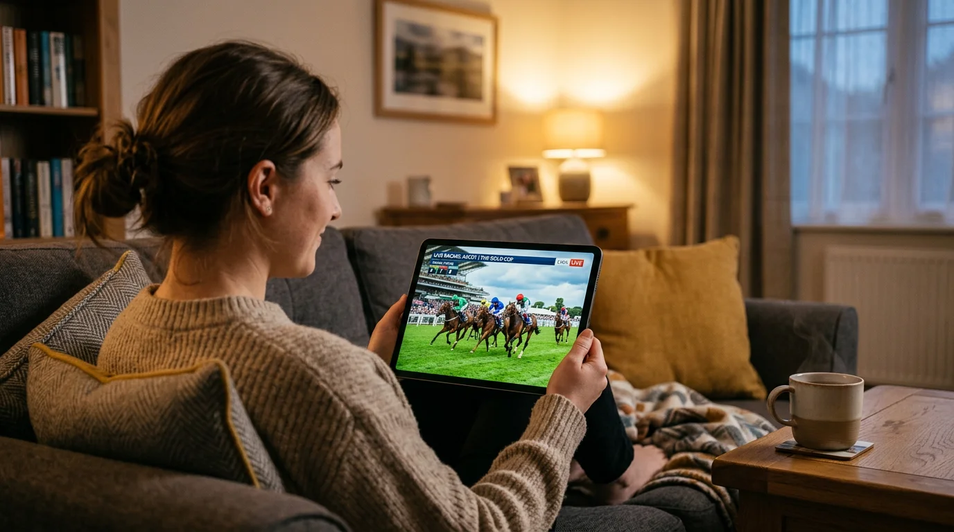 Person watching a live horse race on a tablet screen at home