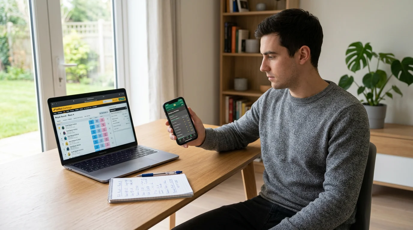 Person comparing odds on laptop and smartphone for matched betting on horse racing