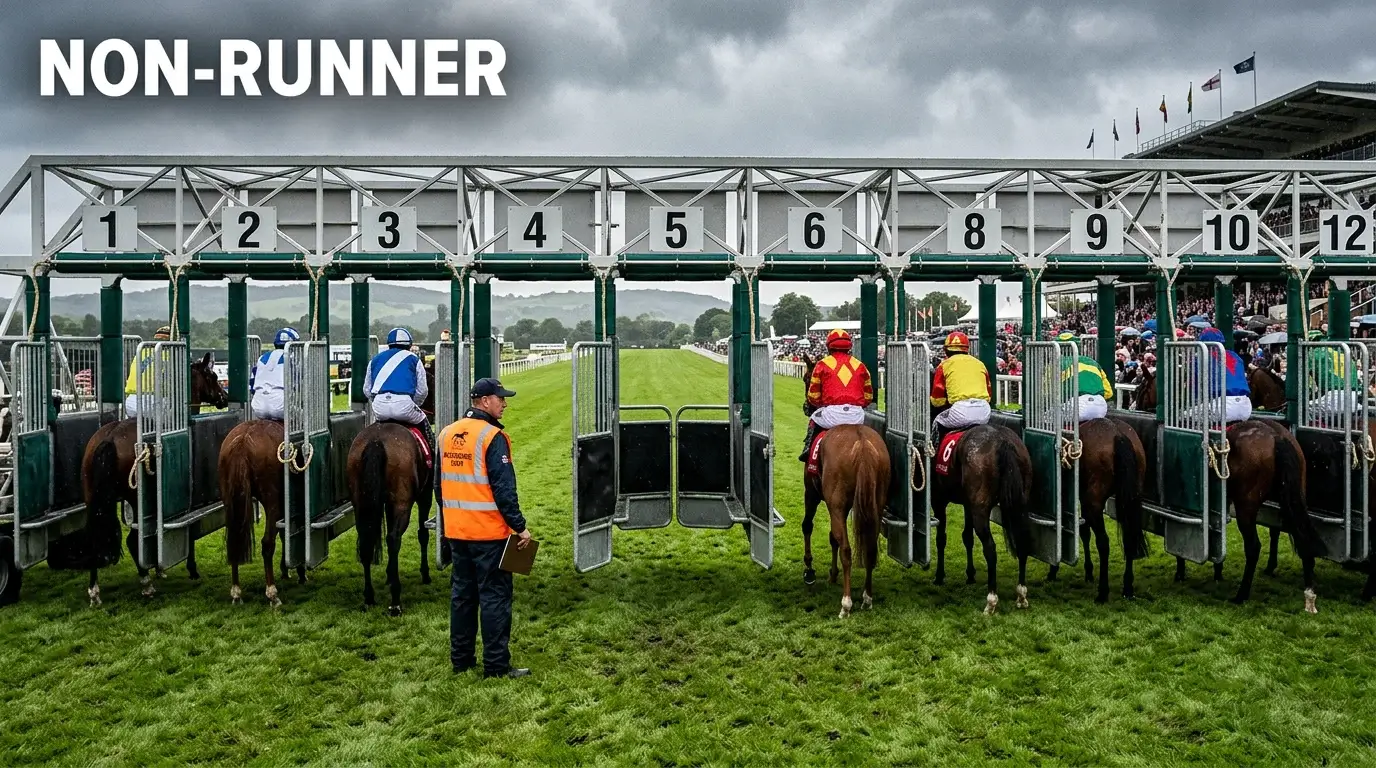 Empty horse stall at a racecourse indicating a non-runner withdrawal