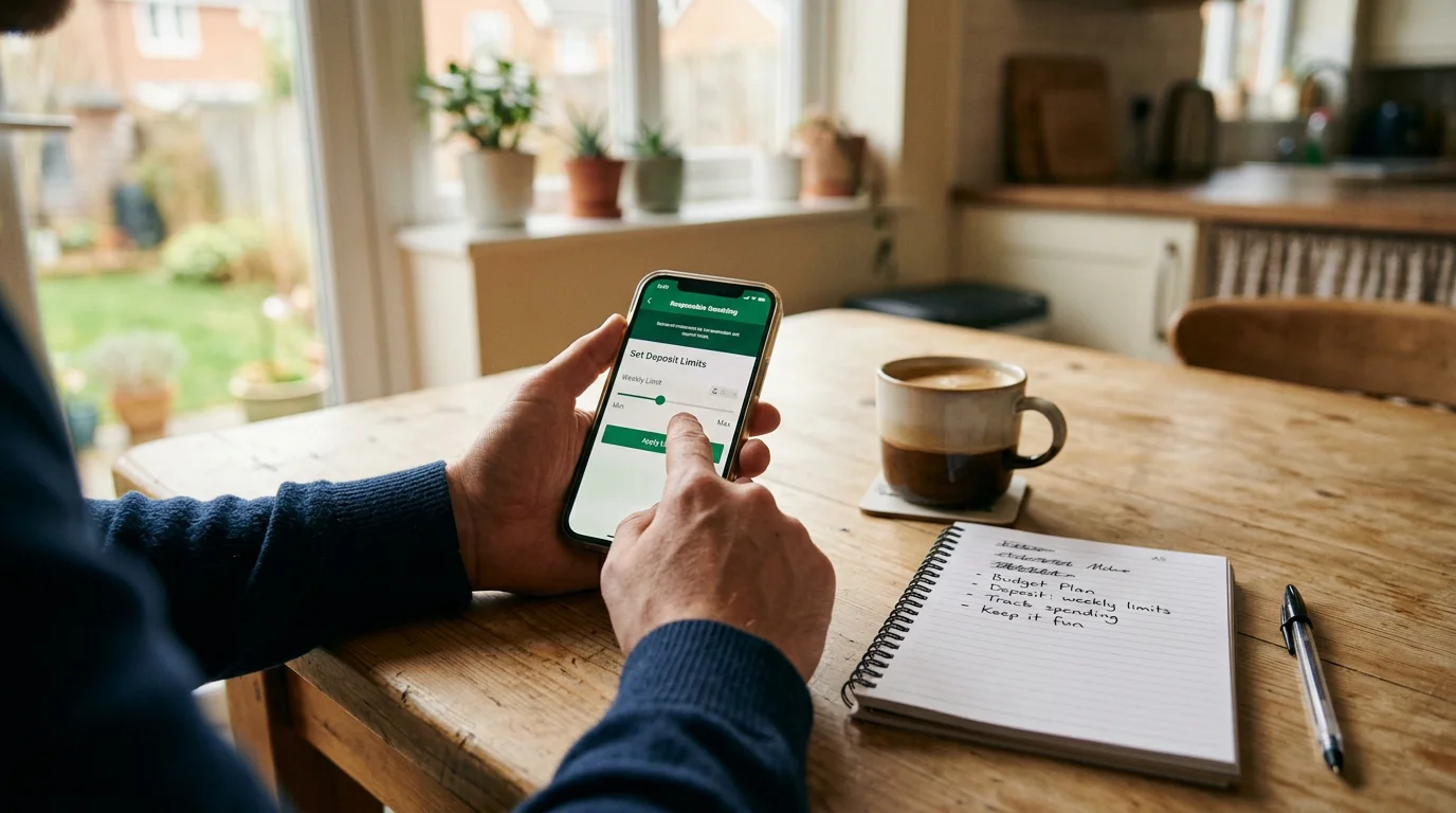Close-up of a person setting deposit limits on a betting app with a notepad and pen beside the phone