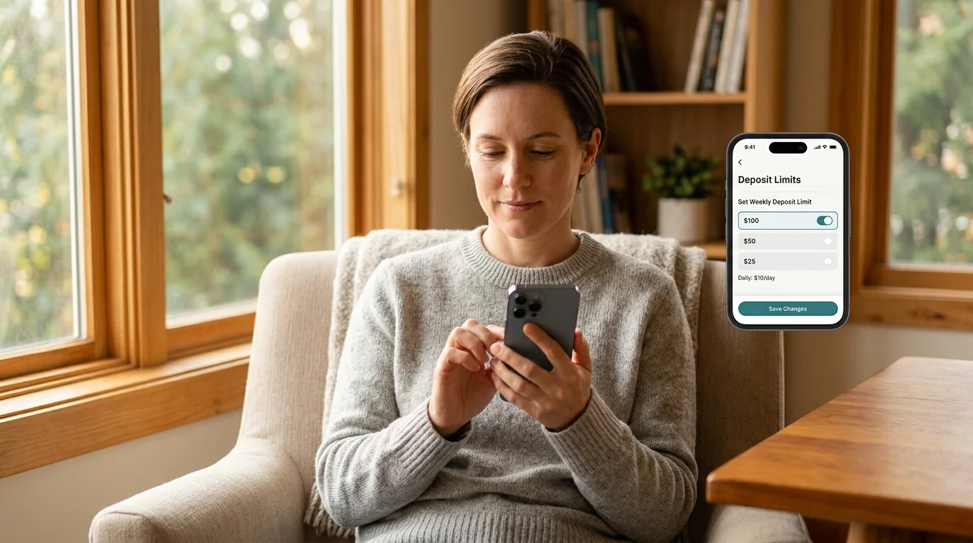 Person calmly setting deposit limits on a betting app for responsible gambling