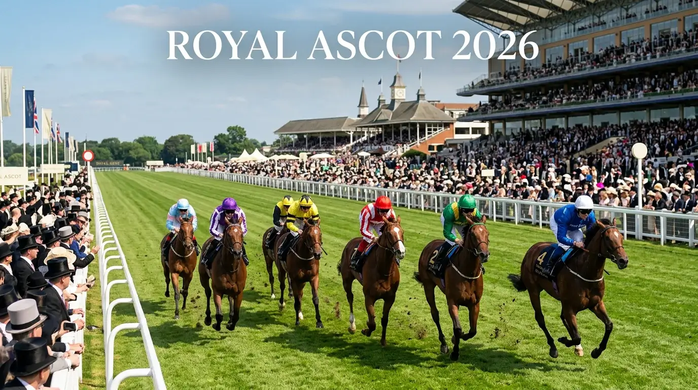 Horses racing on the straight at Royal Ascot with the grandstand in the background