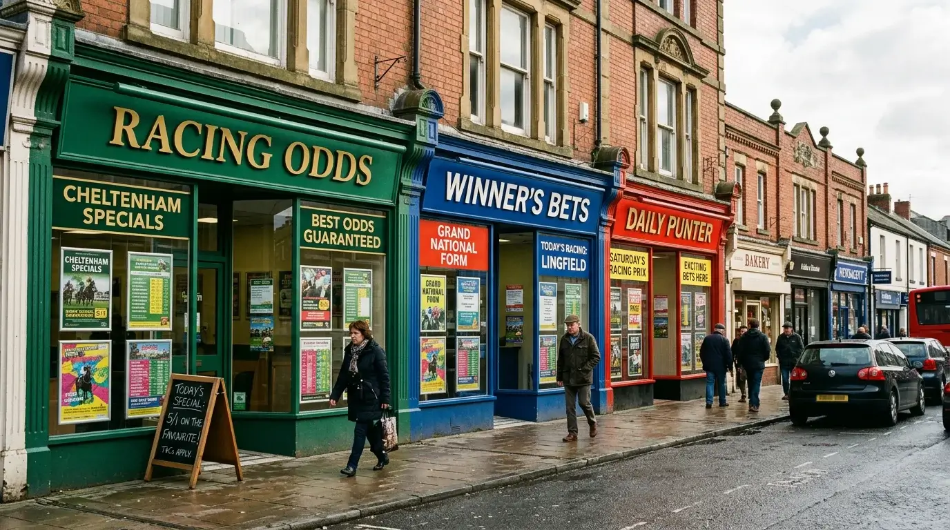 Row of high-street betting shop fronts on a British high street with horse racing posters in windows