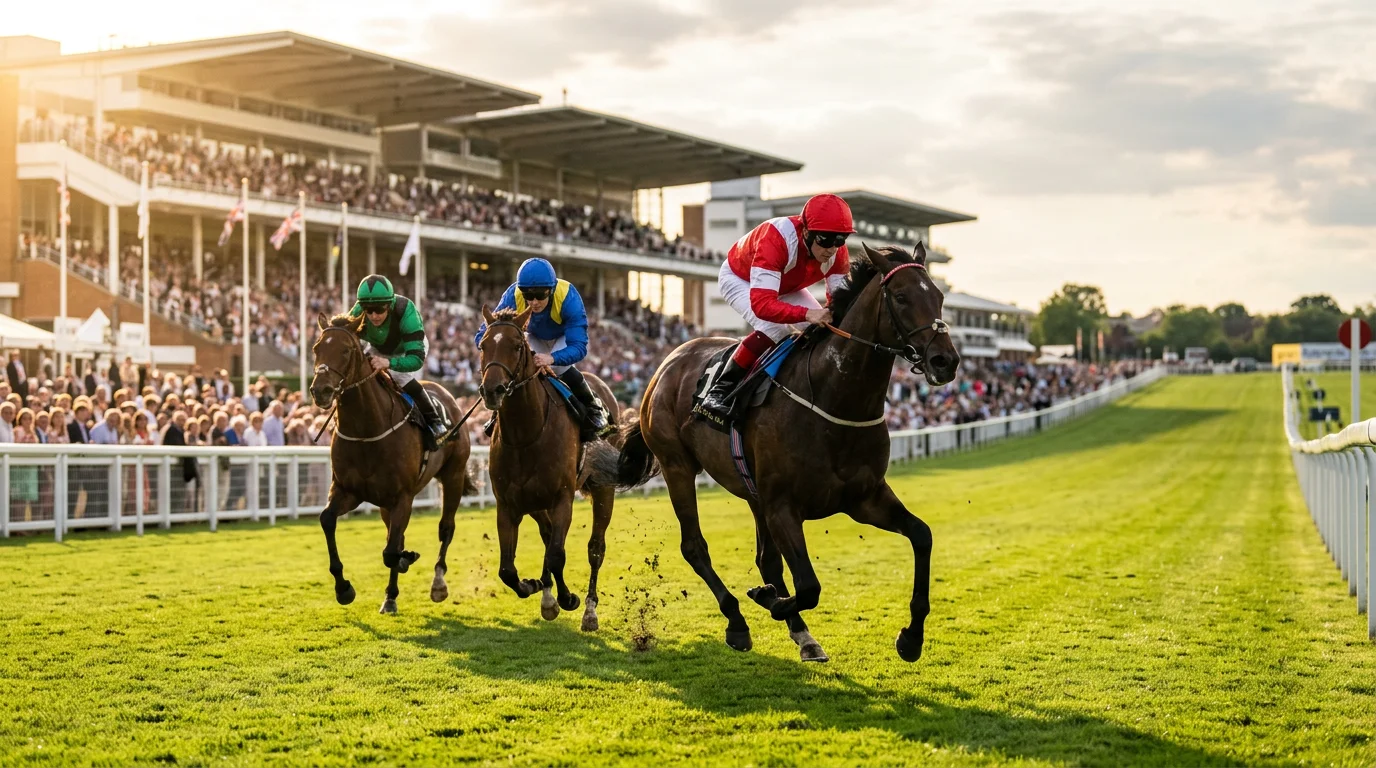 UK horse betting bonus — racehorses thundering down the final straight at a major British festival