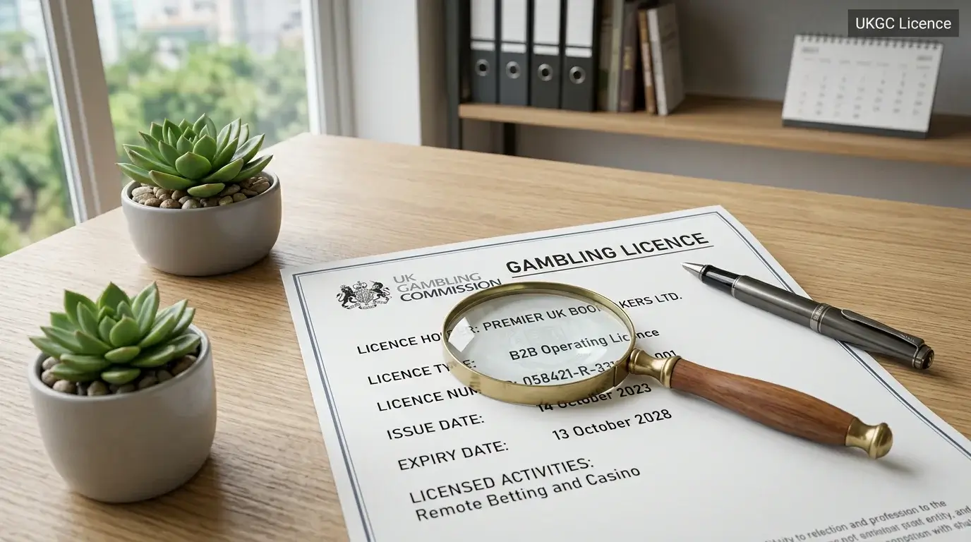 Official UKGC licence document on a desk with a magnifying glass for verification