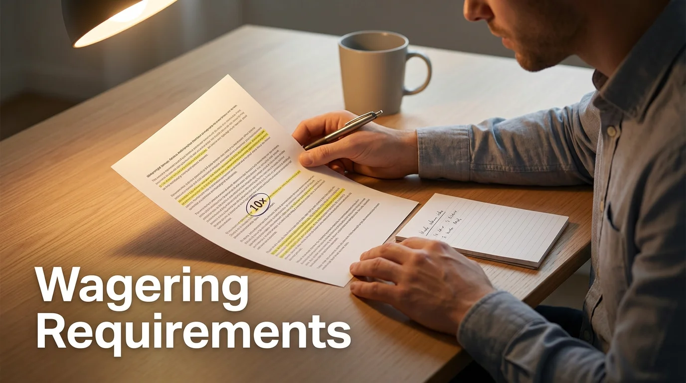 Wagering requirements explained — person reviewing bonus terms on a document at a desk